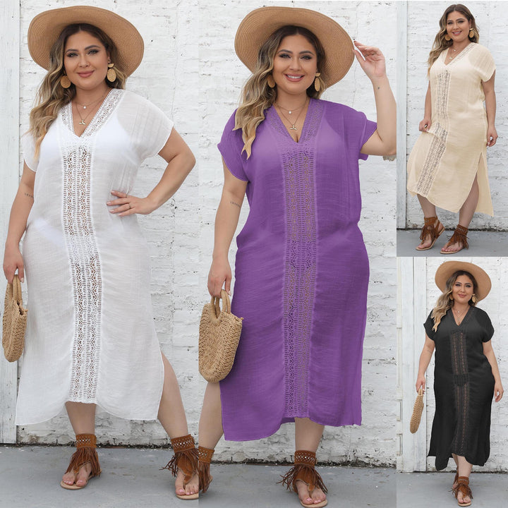 Ladies elegant maxi kaftan with generous V-neckline and delicate crochet accents Mune Fashion