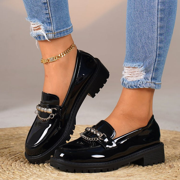 Women’s patent loafers with patterned rubber sole and chain detail Mune Fashion