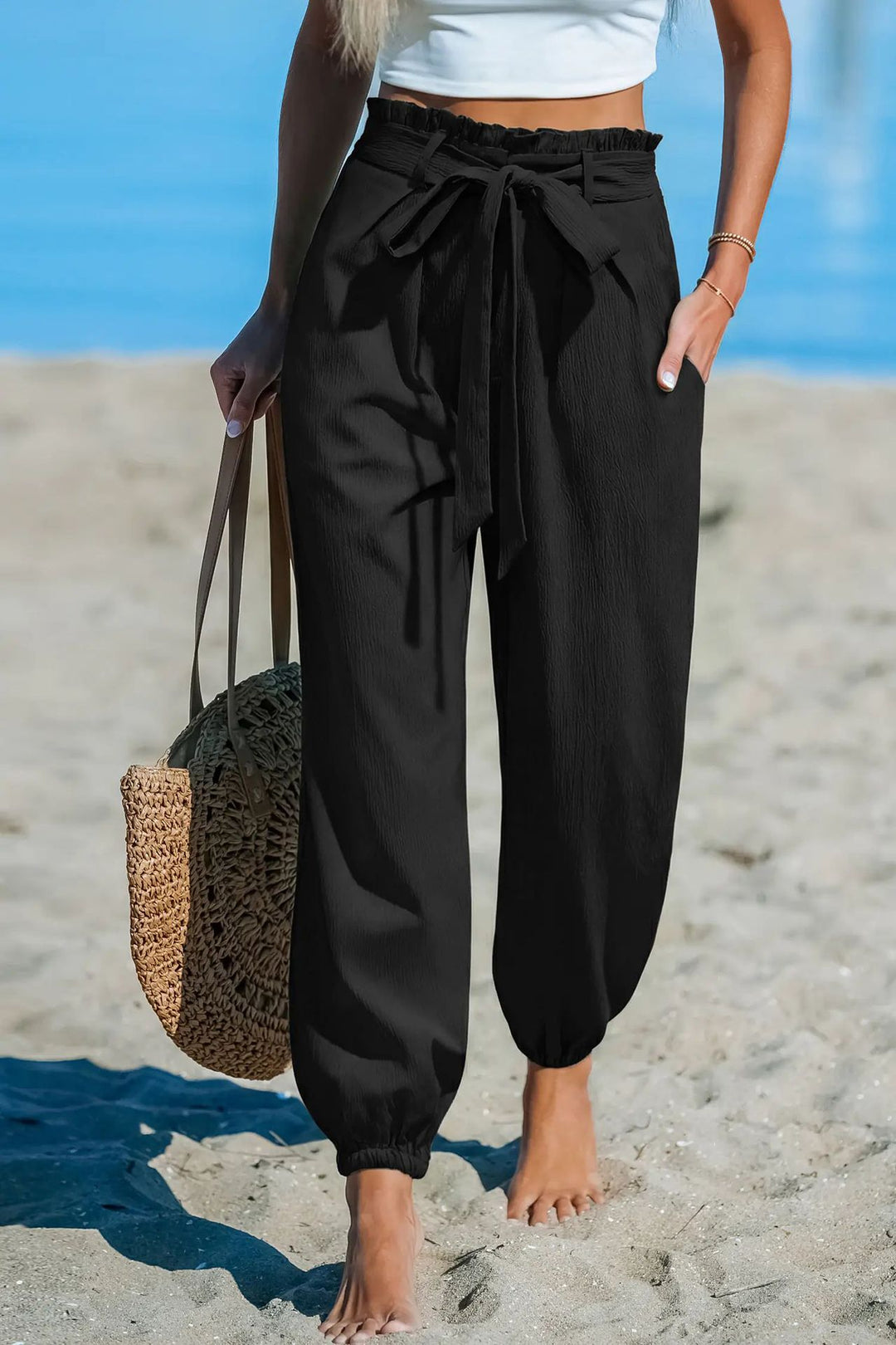 Women Lightweight Paperbag High Waist Pants with Tying Belt, Side Pockets and Elastic Ankle Cuffs Drune