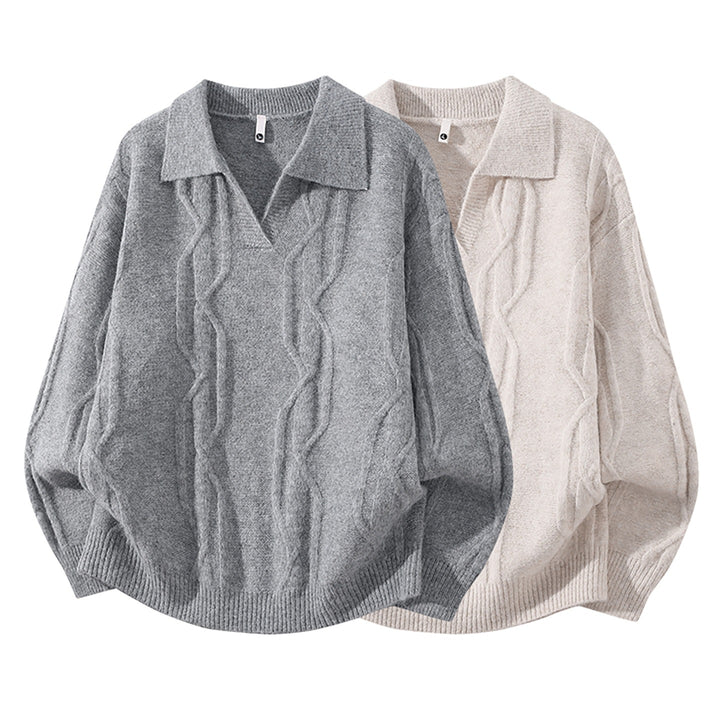 Women Oversize Mohair-Optic Cable Knit Sweater with Polo Collar and V-Neck Mune Fashion