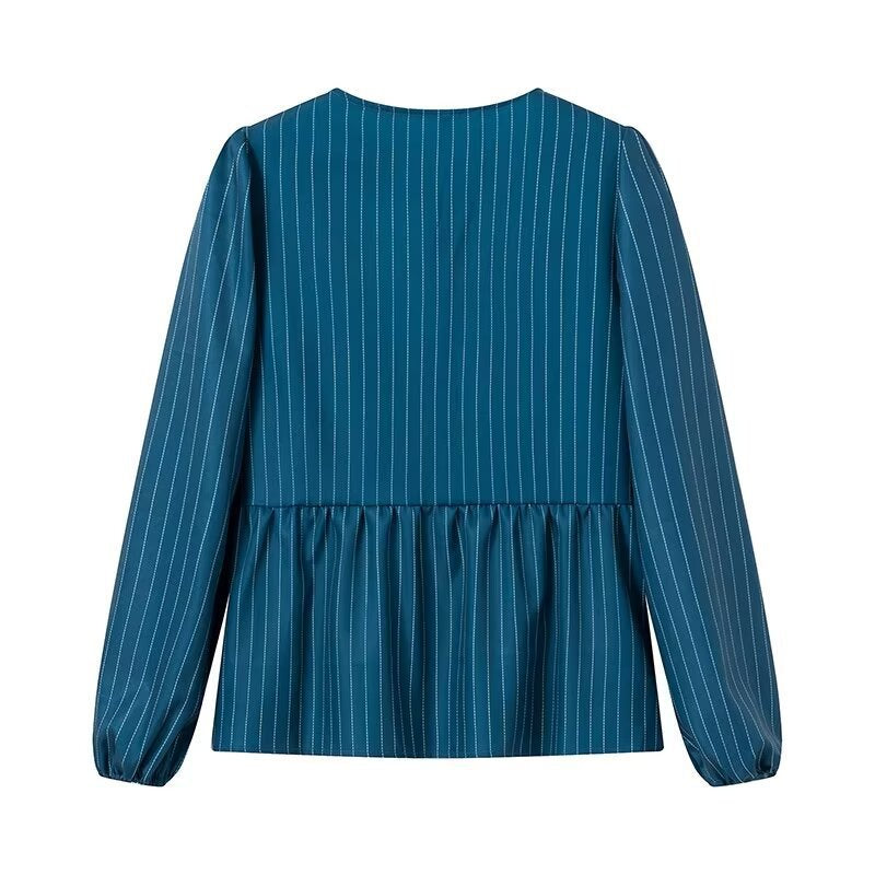Women's Striped Peplum Blouse with Front Lacing and Long Balloon Sleeves Mune Fashion