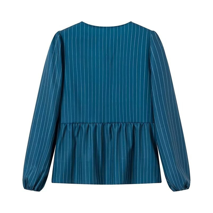 Women's Striped Peplum Blouse with Front Lacing and Long Balloon Sleeves Mune Fashion