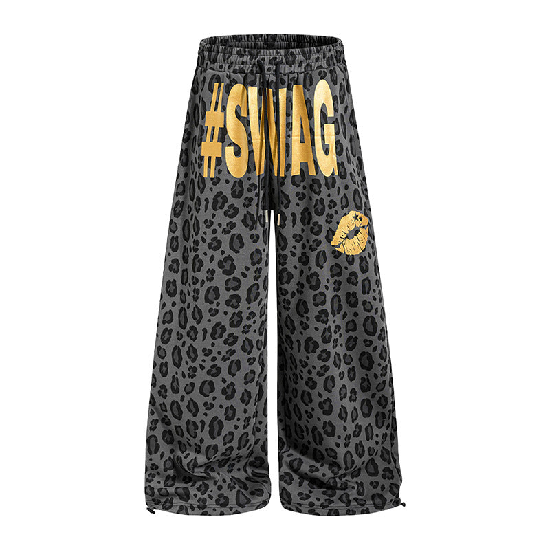 Women's Wide Palazzo Sweatpants in Leopard Print with High Comfort Waistband, Drawstring and Golden Statement Print Mune Fashion