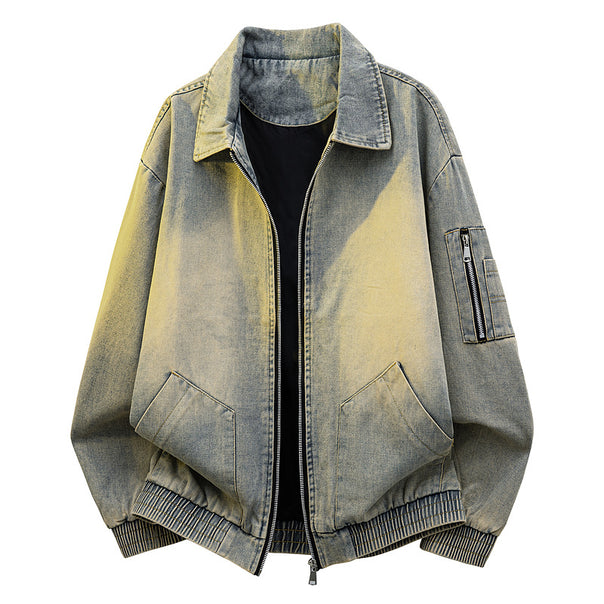 Men's Oversized Jeans-Bomber Jacket with Used Wash and Zip Arm Pocket Mune Fashion