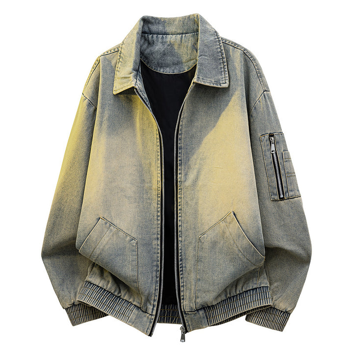 Men's Oversized Jeans-Bomber Jacket with Used Wash and Zip Arm Pocket Mune Fashion