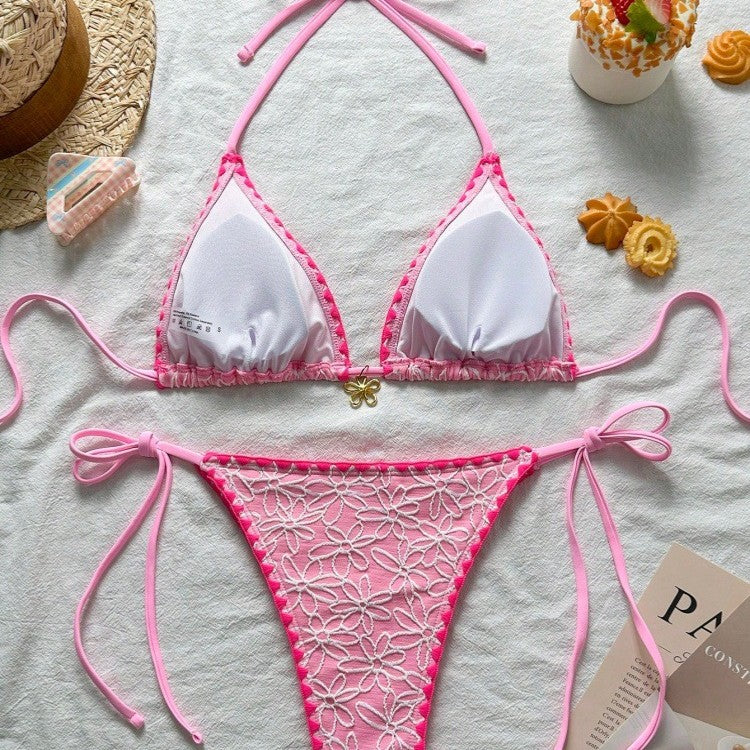 Women Triangle Bikini Set with Floral Embroidery Mune Fashion