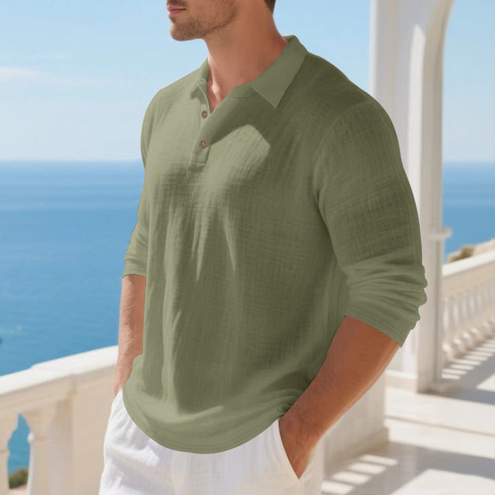 Men's light linen polo with long sleeves and open shirt collar Mune Fashion