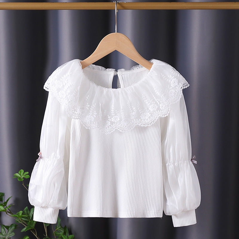 Women elegant blouse with romantic lace collar and ruffle details Mune Fashion
