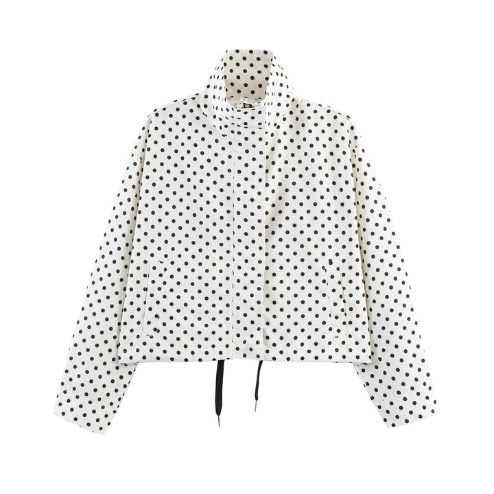 Women Short Polka Dot Transitional Jacket with Stand-up Collar and Drawstring Hem Mune Fashion