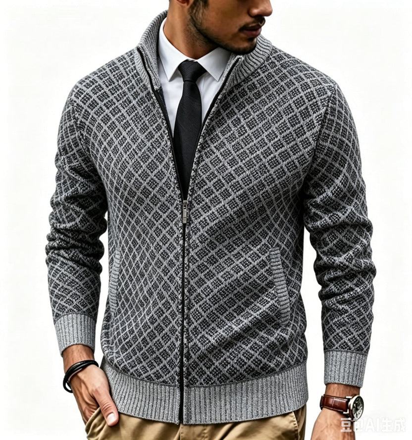 Men's Structured Cardigan with Stand-up Collar and Diamond Jacquard Mune Fashion