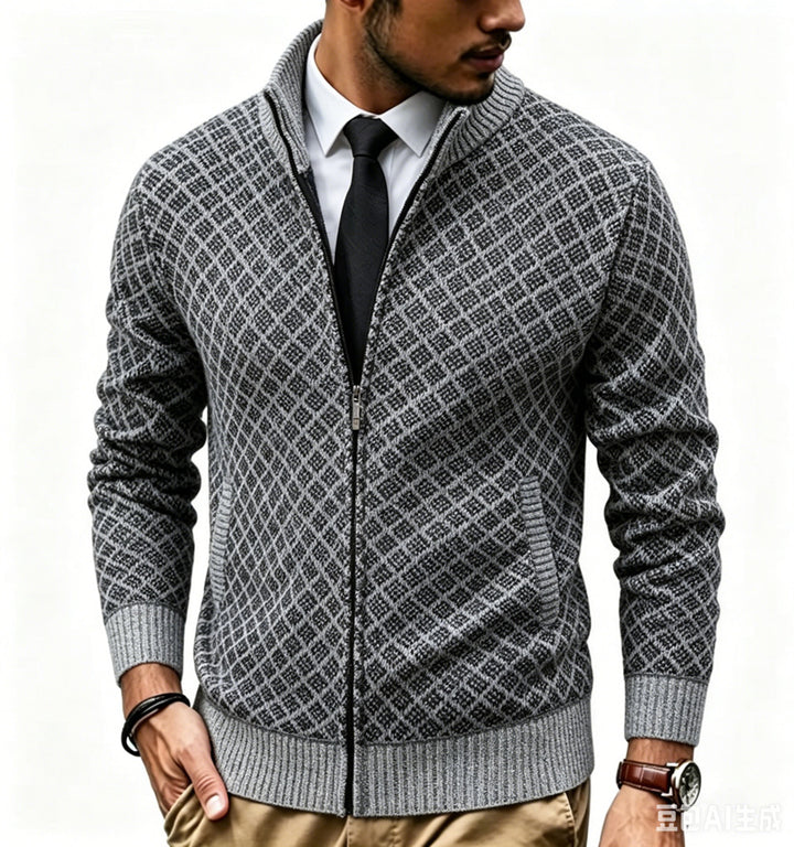 Men's Structured Cardigan with Stand-up Collar and Diamond Jacquard Mune Fashion