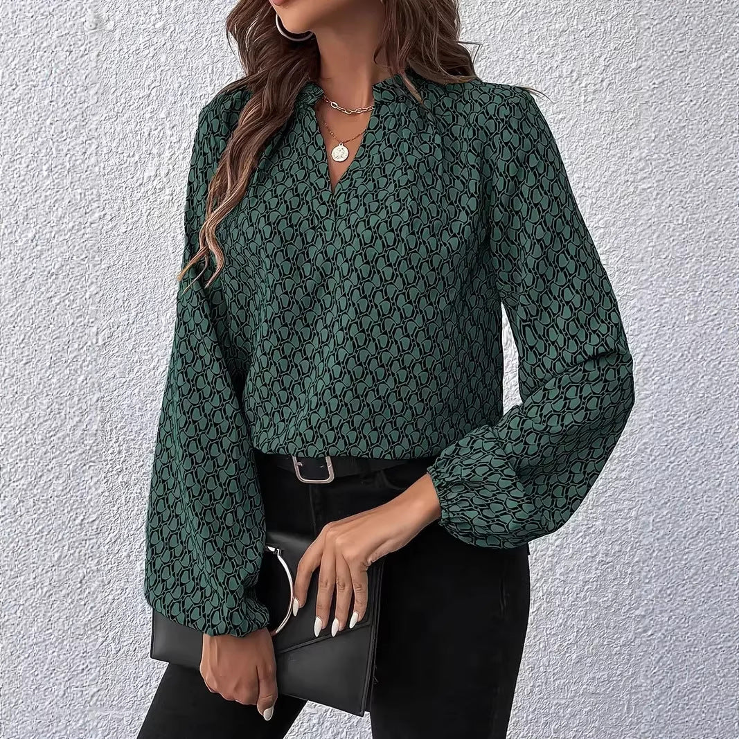 Ladies Printed Viscose Blouse with Stand Collar and Balloon Sleeves Drune