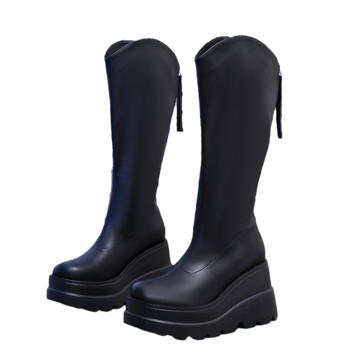 Women's Knee-High Platform Boots with Thick Lug Sole, Hidden Wedge Sole and Side Zipper Mune Fashion