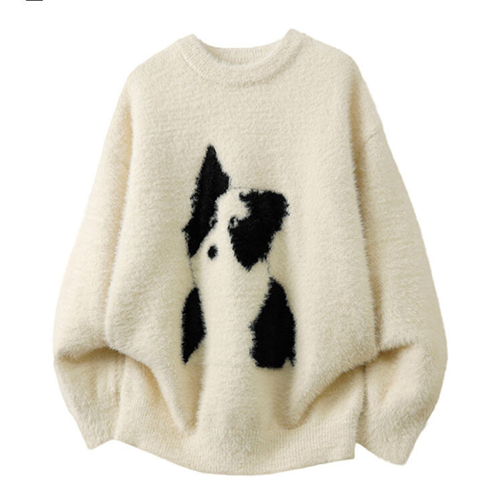 Women Cozy Chunky Knit Sweater with Dog Motif Mune Fashion
