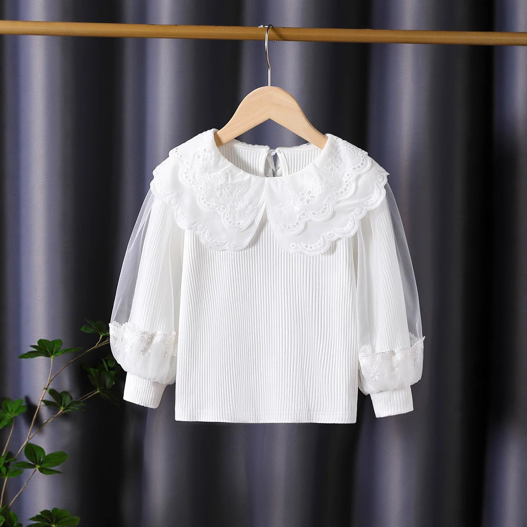 Girl's fashionable blouse with elegant lace collar and tulle sleeves Mune Fashion