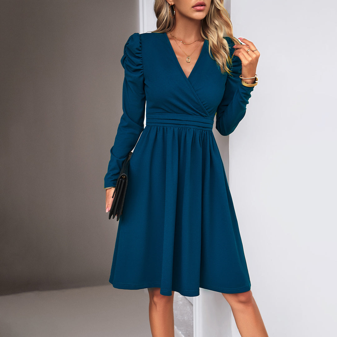Ladies' wrap midi dress with puff sleeves, accentuated waist yoke, and flowing skirt Mune Fashion