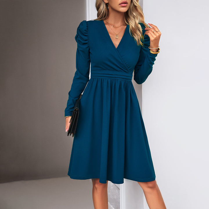 Ladies' wrap midi dress with puff sleeves, accentuated waist yoke, and flowing skirt Mune Fashion