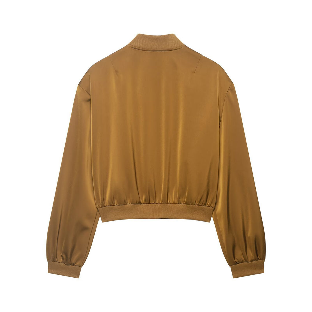 Women Cropped Satin Bomber Jacket with Zipper, Flap Pockets and Ribbed Cuffs Mune Fashion