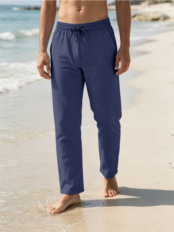 Men's Lightweight Linen-Cotton Pants with Drawstring, Elastic Waistband, and Straight Cut Mune Fashion
