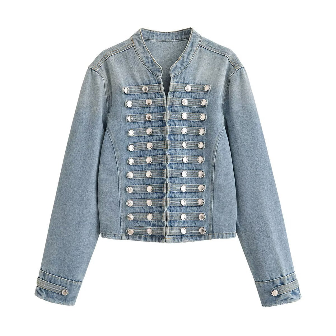 Women's short tailored denim jacket in military style with double decorative buttons Mune Fashion