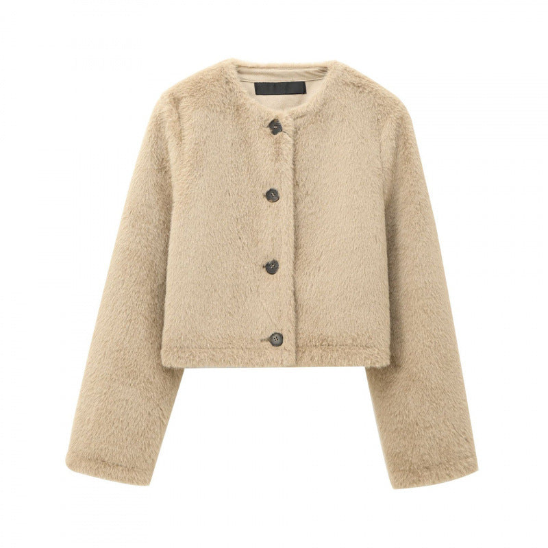 Women's Cropped Teddy Jacket with Straight Hem, Round Neck and Horn Button Closure Mune Fashion