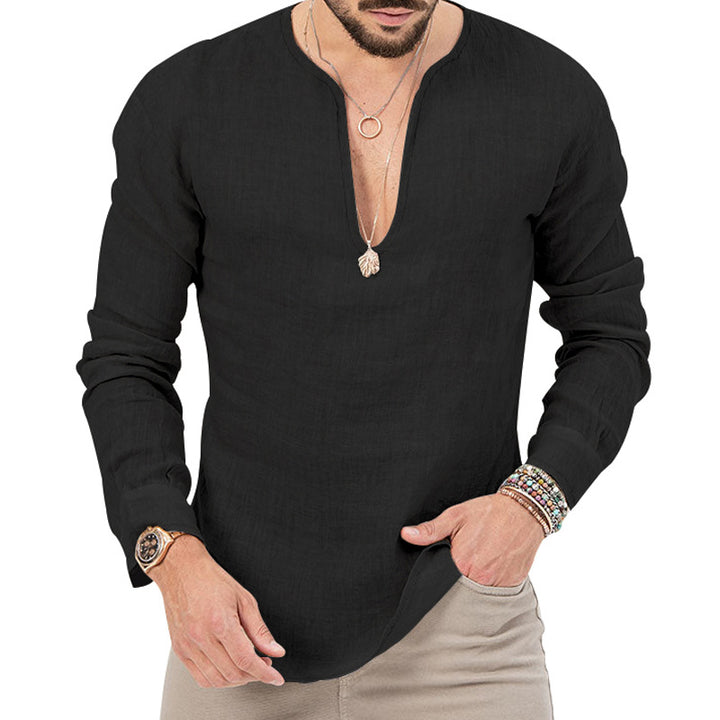 Men's relaxed linen tunic shirt with open slit collar and rounded hem Mune Fashion