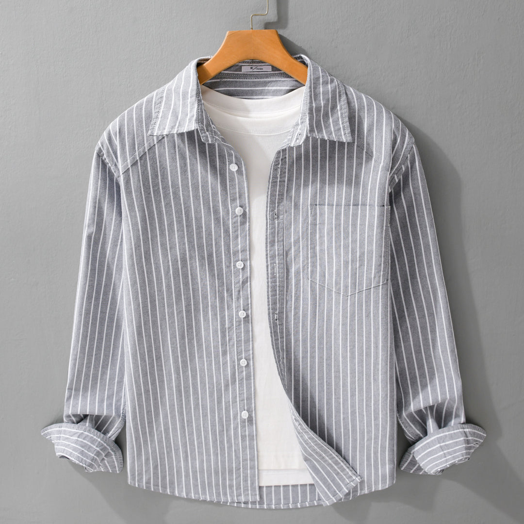 Men's pinstripe layering shirt jacket made of lightweight cotton blend with chest pocket Mune Fashion
