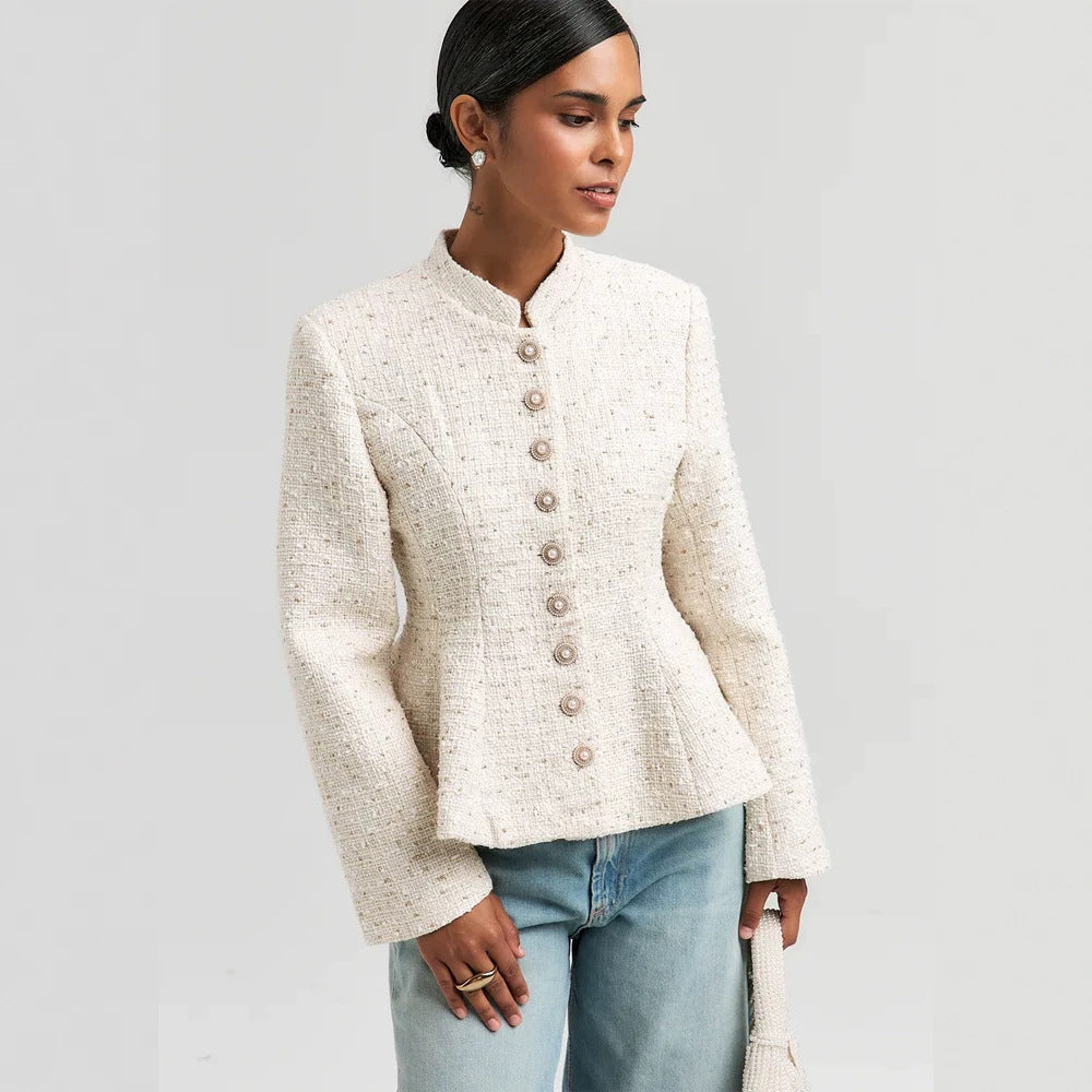 Women's Boucle Blazer with Stand Collar and Fitted Peplum Silhouette Mune Fashion