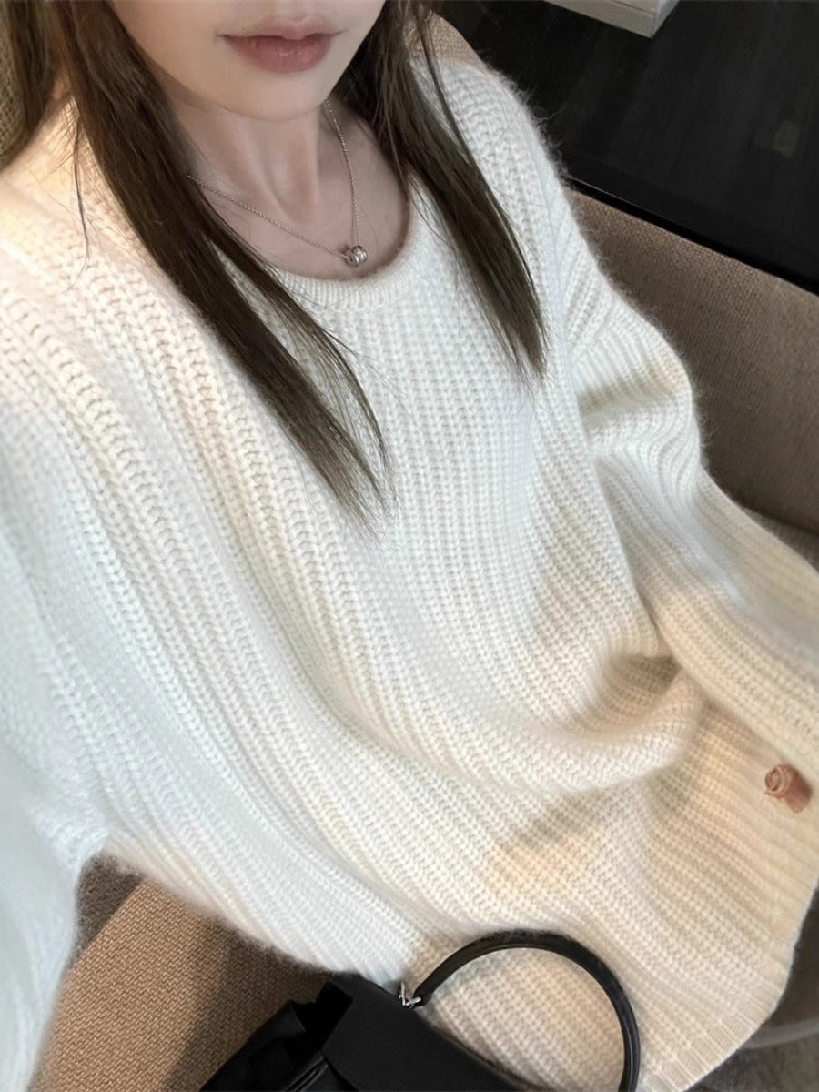 Women's Oversized Fluffy Sweater in Mohair Look with Textured Rib Design Mune Fashion