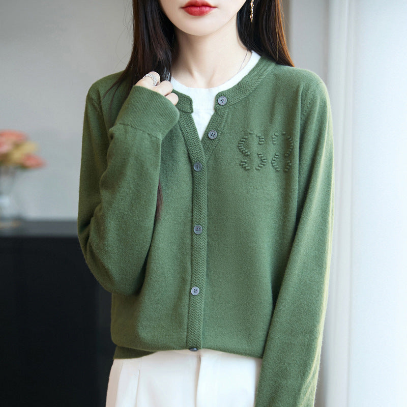 Women's Short Fine Knit Cardigan with V-slit Collar, Ribbed Trim and Subtle Structured Logo Mune Fashion