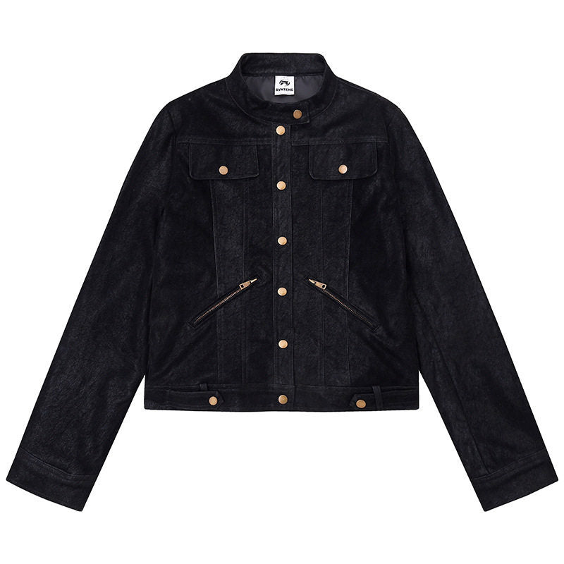 Women Short Cut Faux Leather Jacket in Vintage Moto Style Mune Fashion