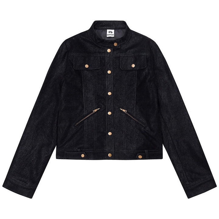 Women Short Cut Faux Leather Jacket in Vintage Moto Style Mune Fashion