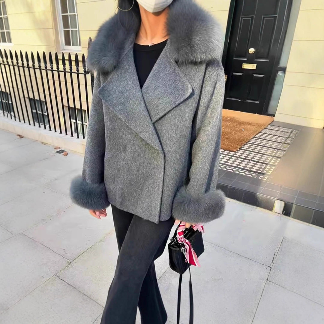 Women Short Wool Blend Coat with Removable Faux Fur Collar and Cuffs Mune Fashion
