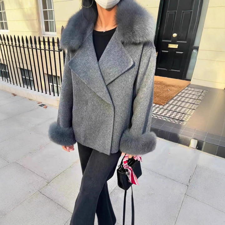Women Short Wool Blend Coat with Removable Faux Fur Collar and Cuffs Mune Fashion