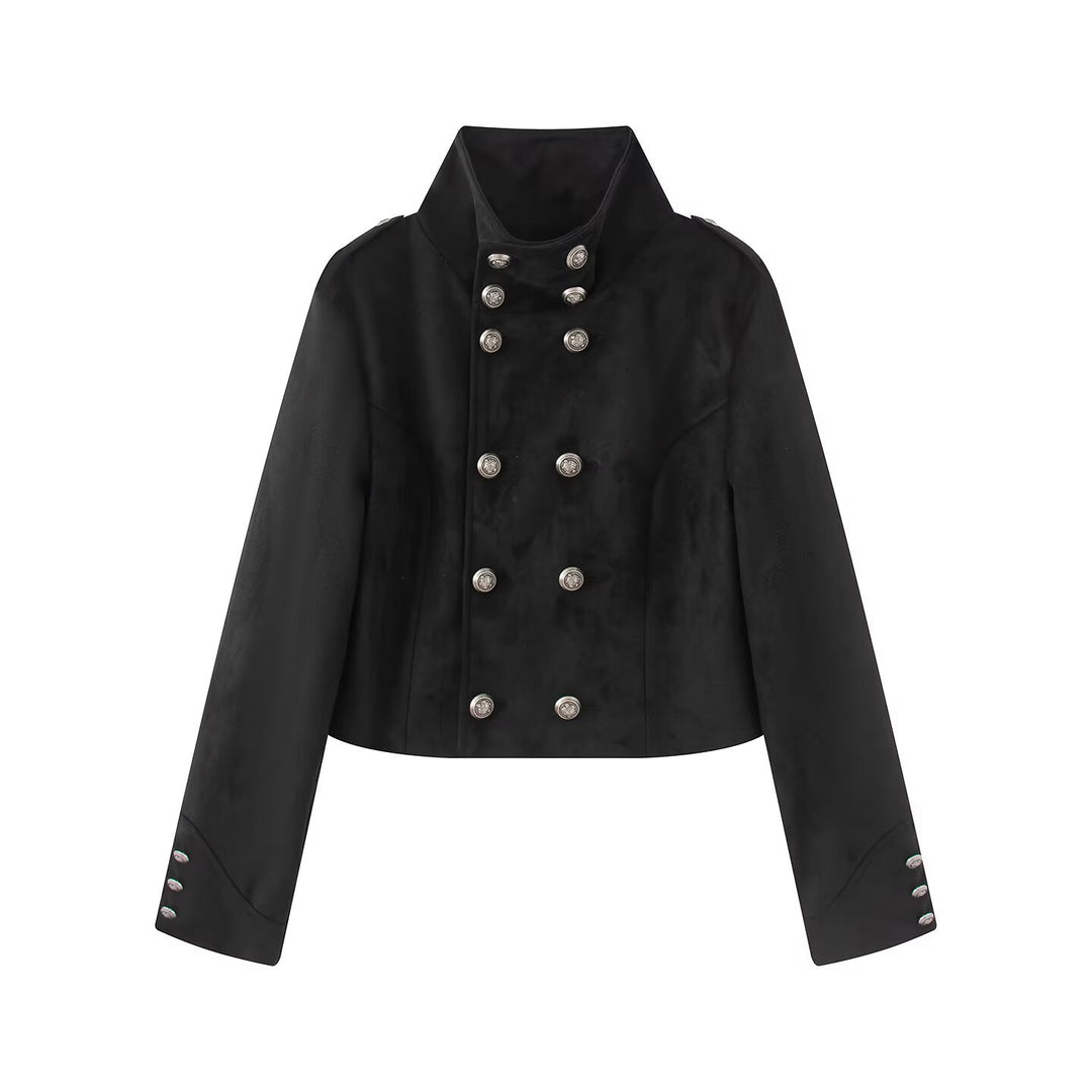 Women's short jacket in military-sailor mix with high stand-up collar and decorative button placket Drune