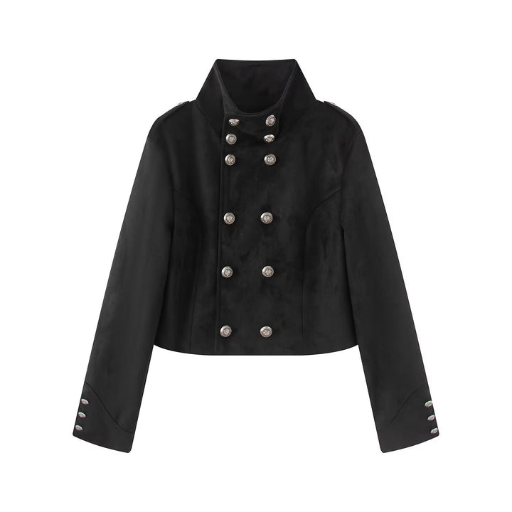 Women's short jacket in military-sailor mix with high stand-up collar and decorative button placket Drune