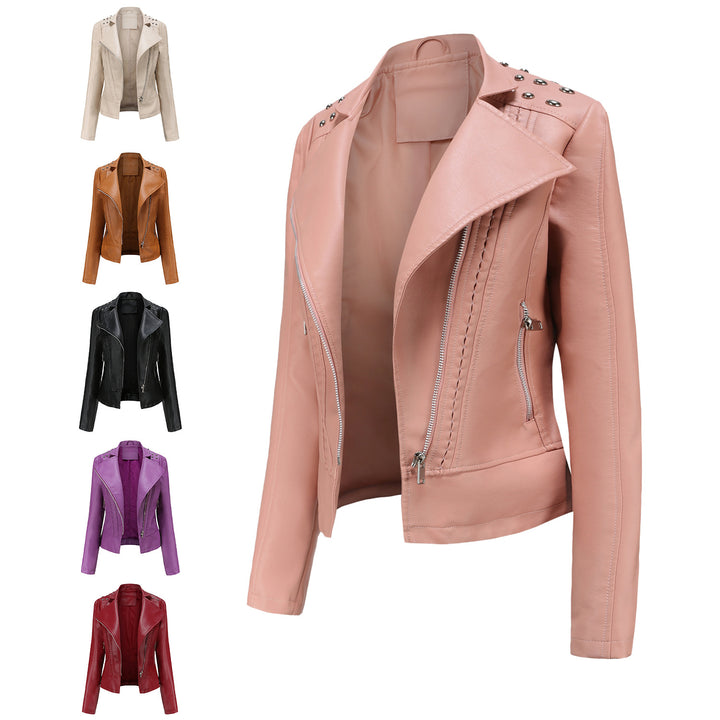 Women's nan biker jacket made of faux leather with studded details and asymmetric zipper Mune Fashion
