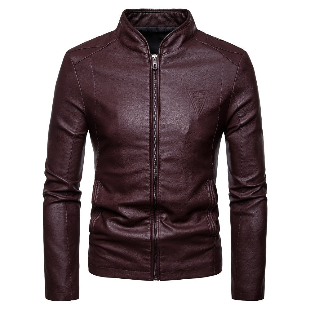 Men's narrow cut lamb leather biker jacket with stand-up collar and tonal decorative stitching Mune Fashion