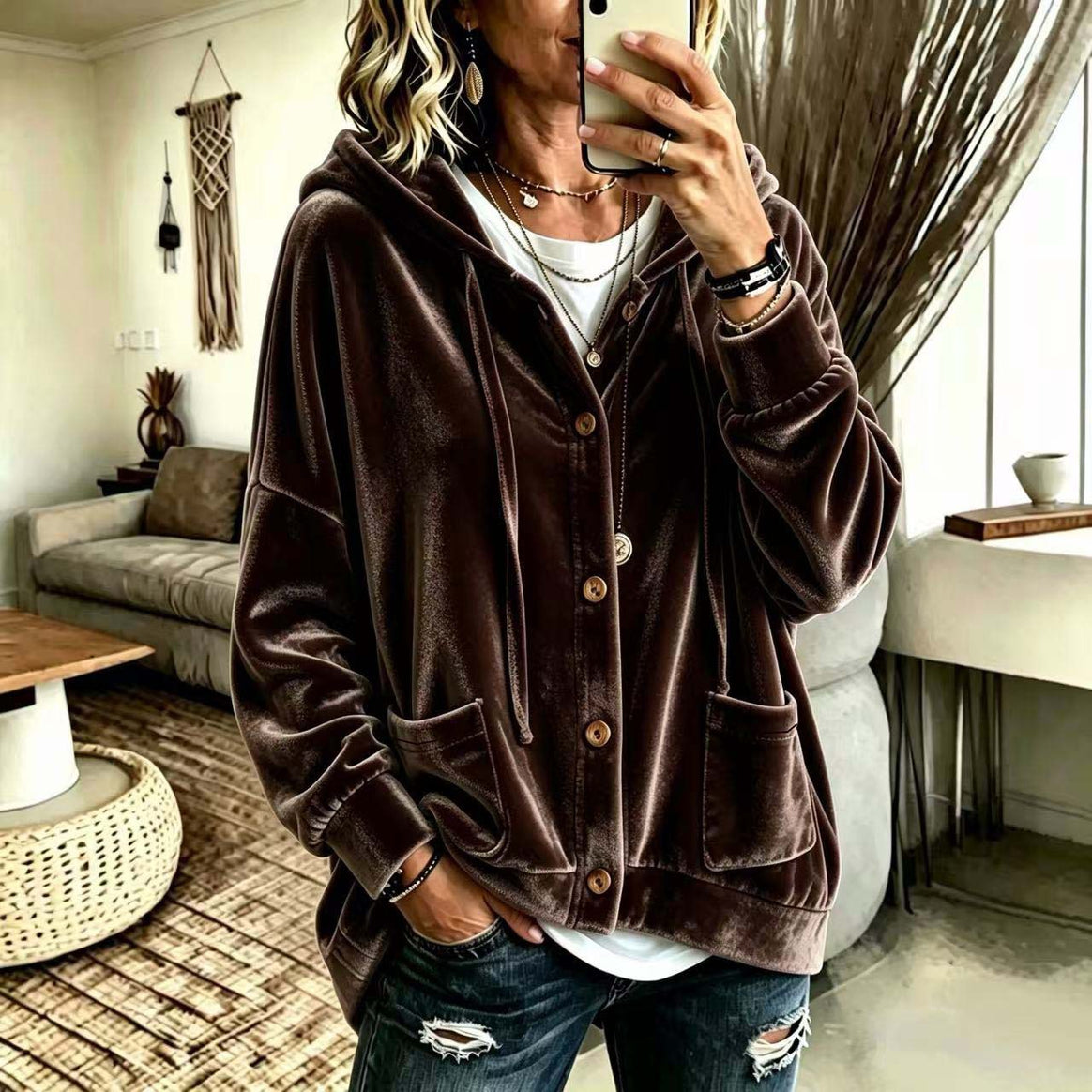 Women's Oversized Hooded Velvet Jacket with Button Placket and Patch Pockets Mune Fashion
