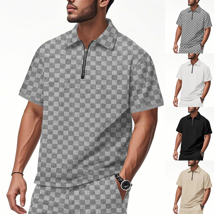 Men's short half-zip polo shirt made of structured waffle piqué with shirt collar and fitted silhouette Mune Fashion