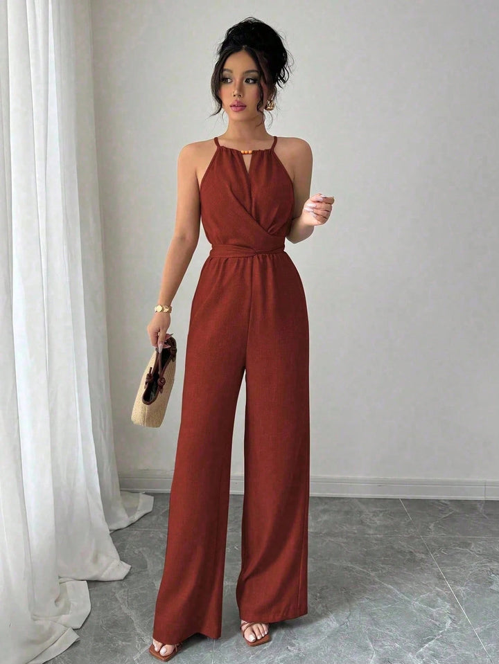 Women's Sleeveless Halter Jumpsuit with Wrap Top and Wide Leg Mune Fashion