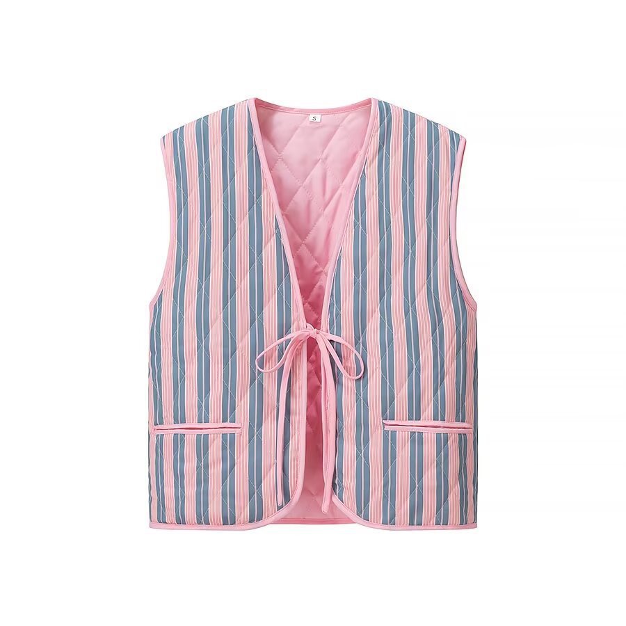 Women Padded Quilted Vest with Floral Allover Look and Tie Band Mune Fashion
