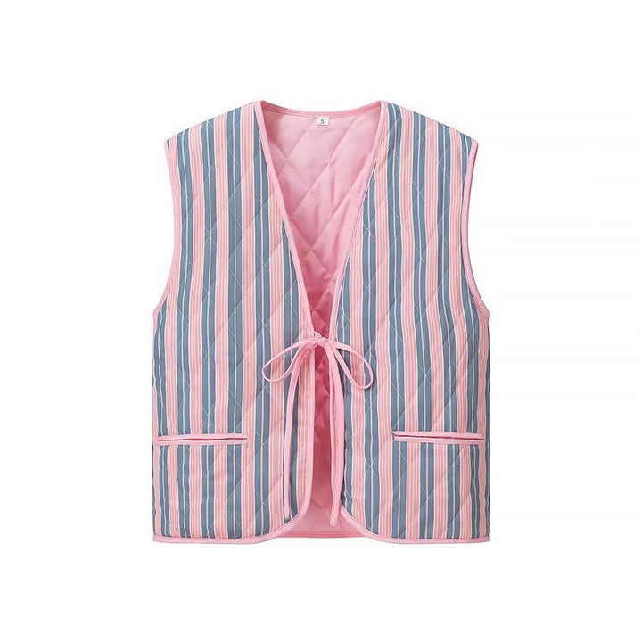 Women Padded Quilted Vest with Floral Allover Look and Tie Band Mune Fashion
