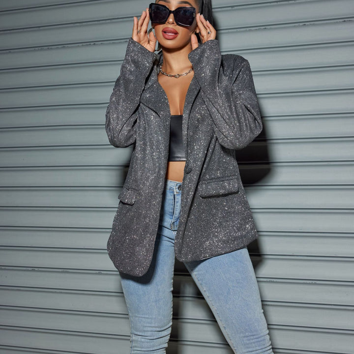 Women Glittering Oversized Blazer with Flap Pockets & Shimmering Texture Mune Fashion