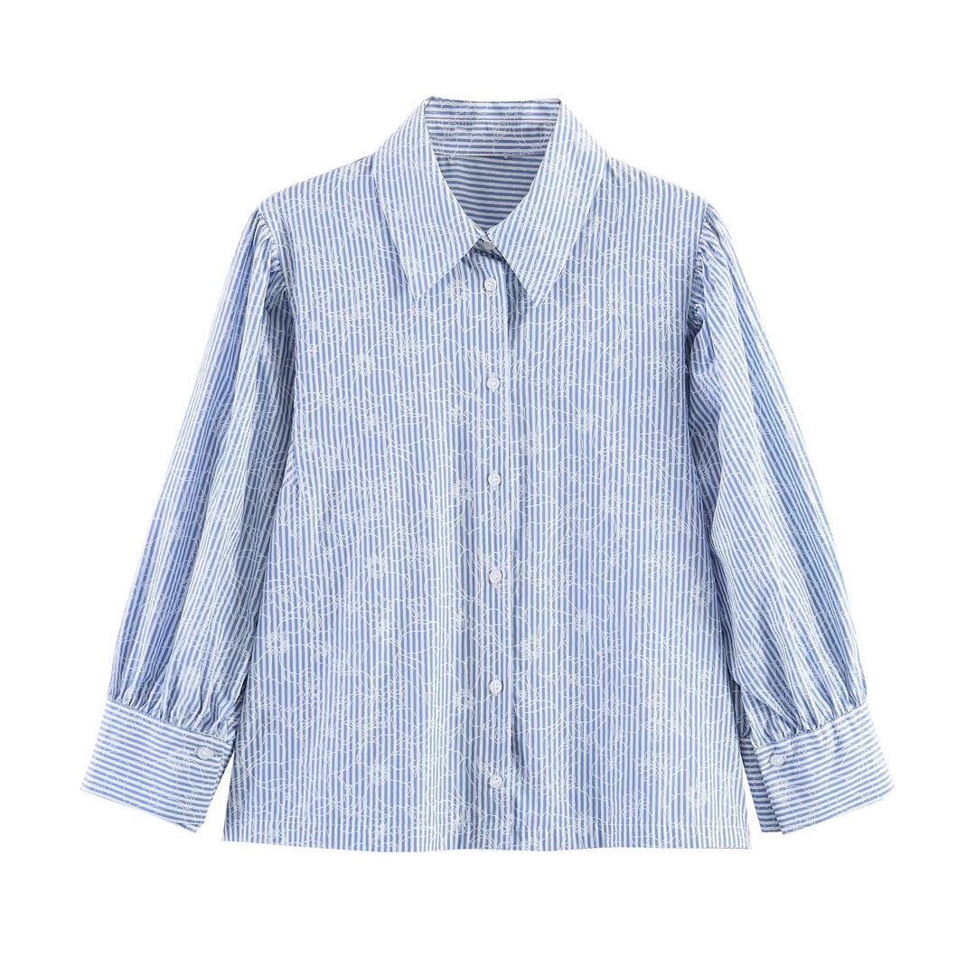 Women Striped Cotton Blouse with Puff Sleeves and Tonal Embroidery Mune Fashion