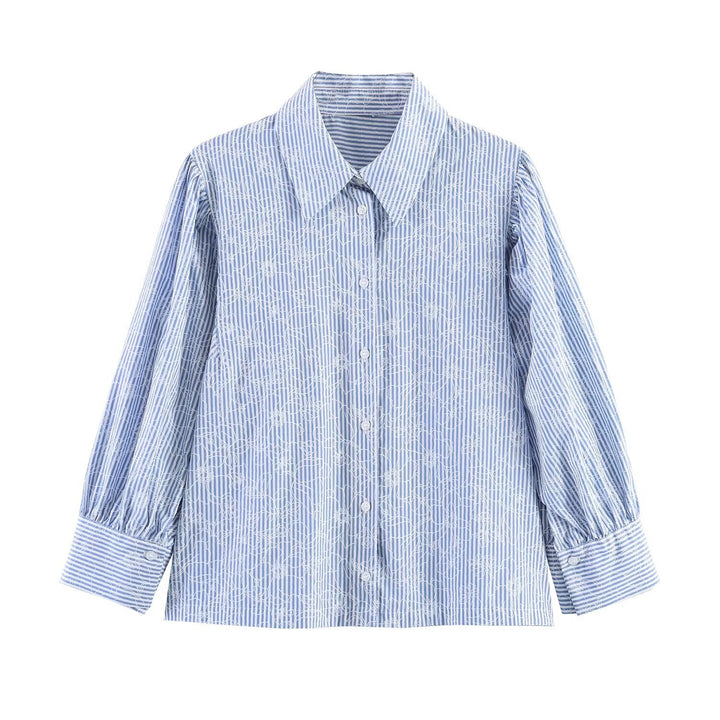 Women Striped Cotton Blouse with Puff Sleeves and Tonal Embroidery Mune Fashion