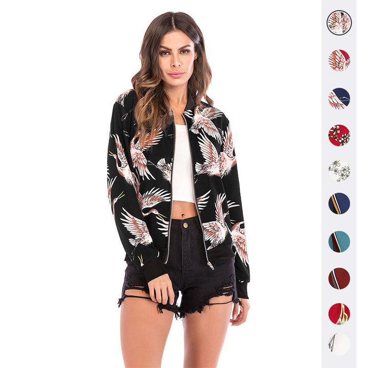 Women's Printed Bomber Jacket with Crane Motif, Zipper & Ribbed Cuffs Mune Fashion