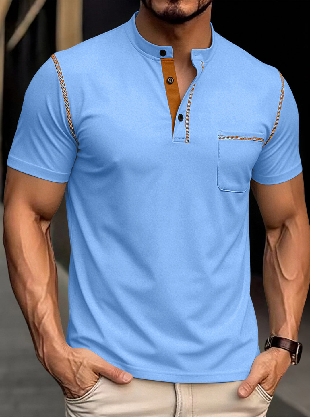 Men's modern short-sleeve Henley with stand collar, contrast stitching, and patch chest pocket Mune Fashion