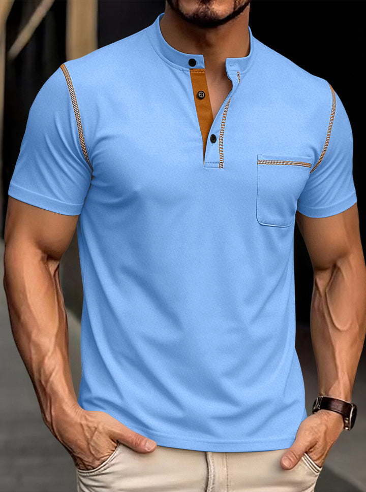 Men's modern short-sleeve Henley with stand collar, contrast stitching, and patch chest pocket Mune Fashion