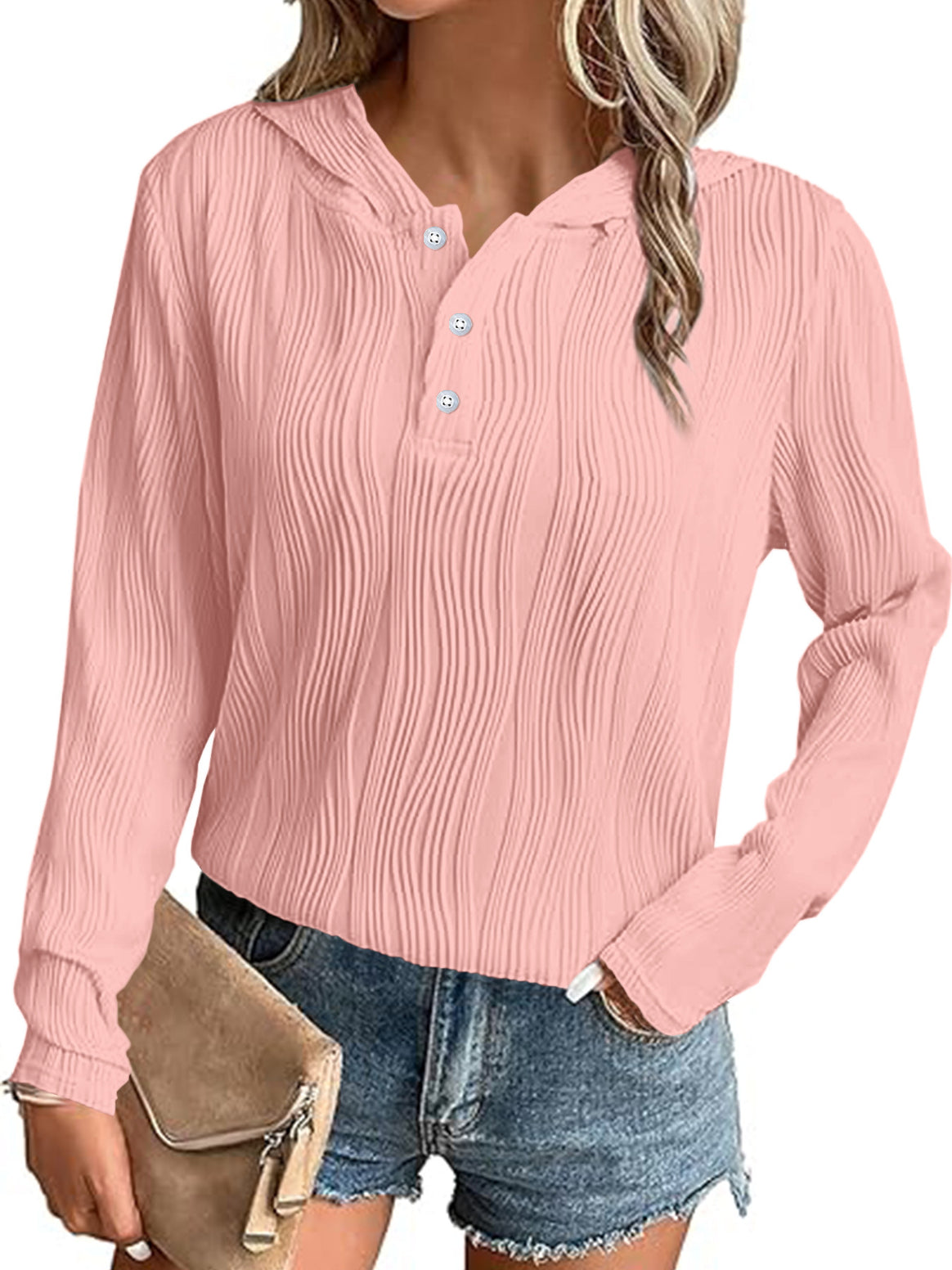 Women's Ribbed Hooded Henley Shirt with Button Placket and Light Texture Mune Fashion